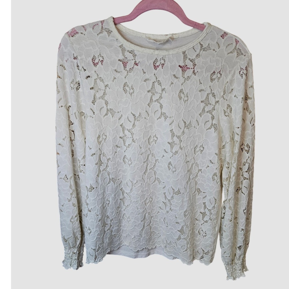Pointe Lace Top Women M‎ Cream Floral Long Sleeve Smocked Cuff Blouse #625